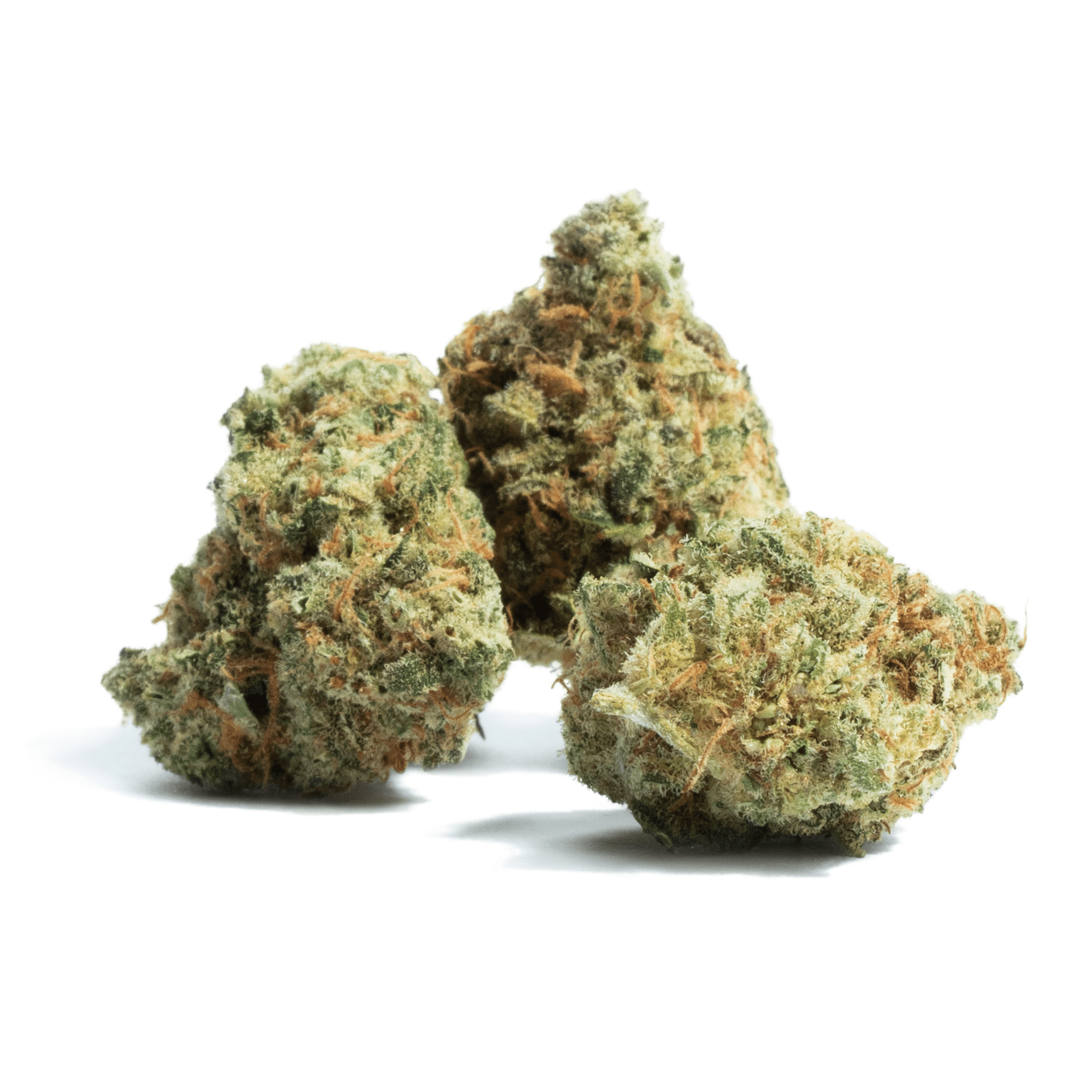 Buy Weed Online UK. Three dense, green cannabis buds with visible orange hairs against a white background.