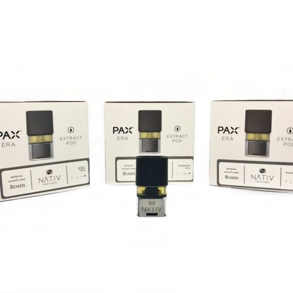 Three boxes of PAX Era Extract Pod are displayed, featuring the brand name NATIV and strain Rosin. A close-up of one pod is positioned in front of the boxes. The packaging is white with black text and graphics.