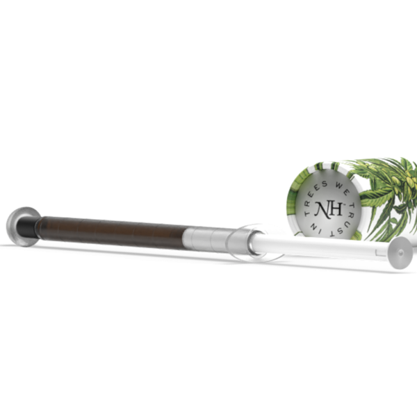 A sleek, modern vape pen lying on its side. The device features a metallic finish with a transparent section, alongside a branded cylindrical container showcasing a green leaf design.