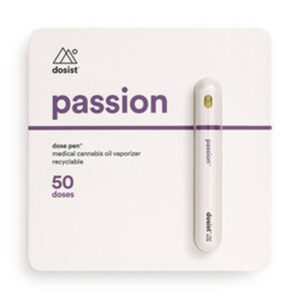 Image of a white Dosist passion vaporizer package. The package includes a pen-shaped vaporizer on the right side and text indicating 50 doses and medical cannabis oil vaporizer on a white background.