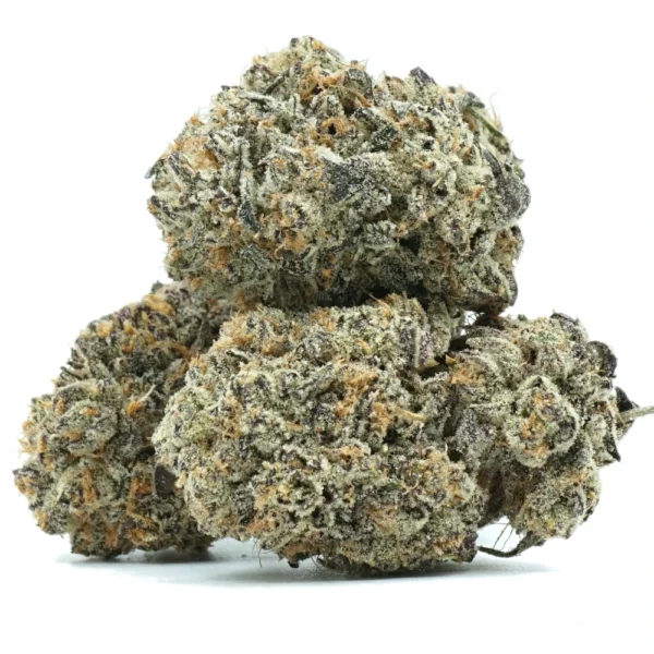 Close-up of three dense cannabis buds with a mix of green and purple hues, covered in frosty trichomes. The buds are tightly packed and slightly overlapping against a white background.