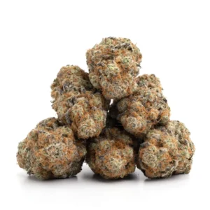 A small pile of light green cannabis buds with orange hairs, arranged against a white background. The buds have a dense, textured appearance.