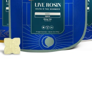 Packaging of Live Rosin Delta-9 THC Gummies with a blue and green design. A small gummy shaped like an X is visible in front of the package. The label mentions Hybrid and 25mg THC per gummy.