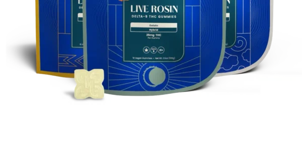 Packaging of Live Rosin Delta-9 THC Gummies with a blue and green design. A small gummy shaped like an X is visible in front of the package. The label mentions Hybrid and 25mg THC per gummy.